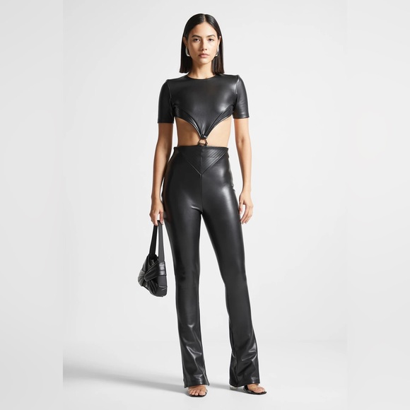 Maniere De Voir Vegan Leather Backless Jumpsuit - Black - Picture 1 of 3
